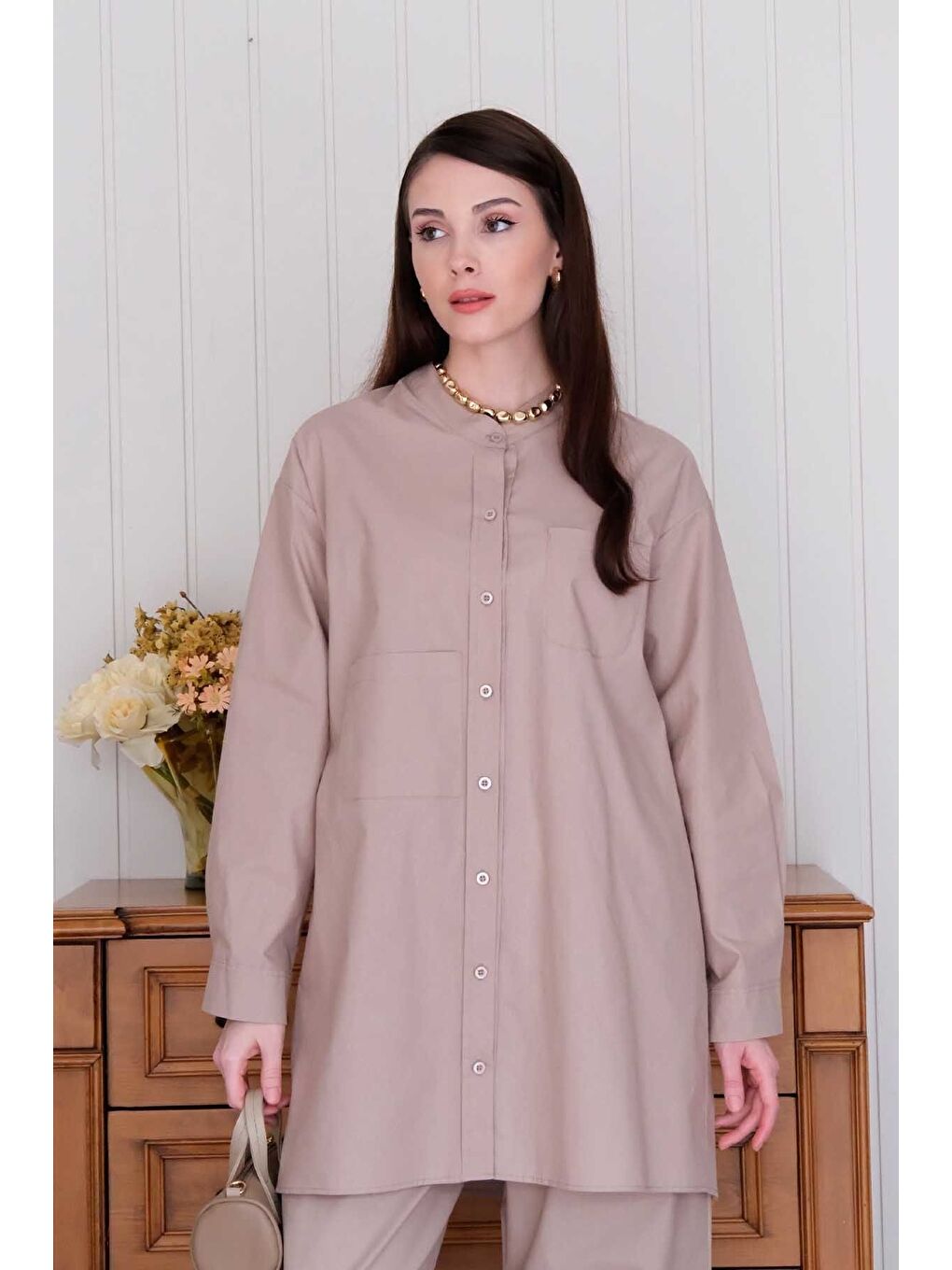 Bej Vizon Çapraz Cep Detay Gömlek-1