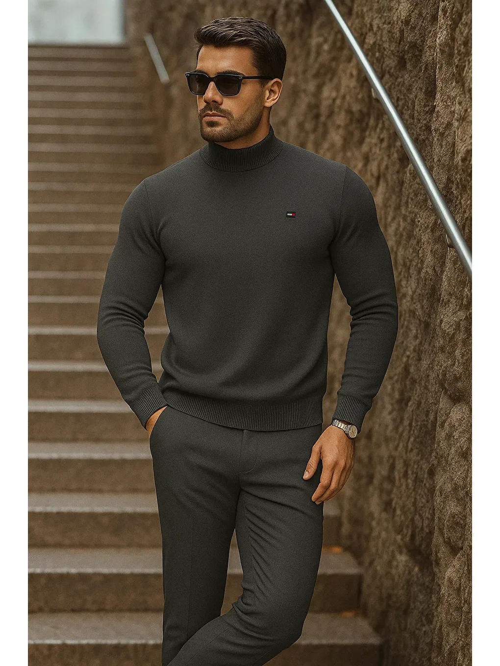 Gri Erkek Yarım Boğazlı Premium Füme Triko Kazak-2