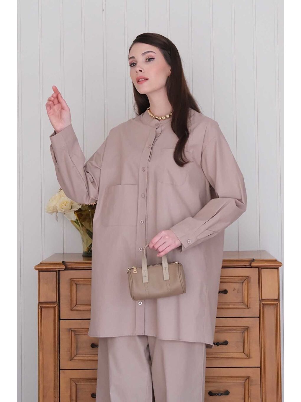 Bej Vizon Çapraz Cep Detay Gömlek-2