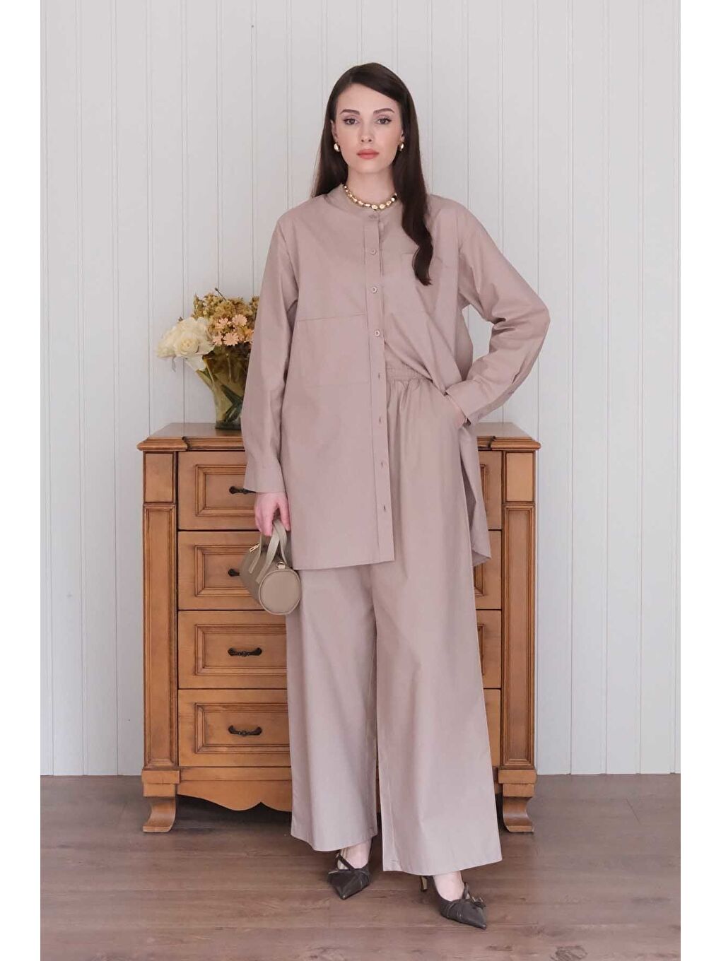 Bej Vizon Çapraz Cep Detay Gömlek-3