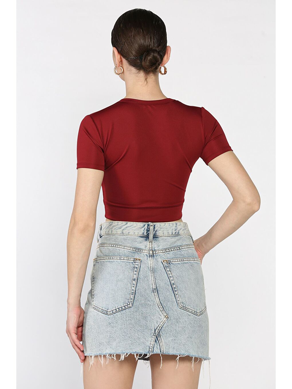Bordo Kadın Bisiklet Yaka Elastanlı Crop Top Bluz-3