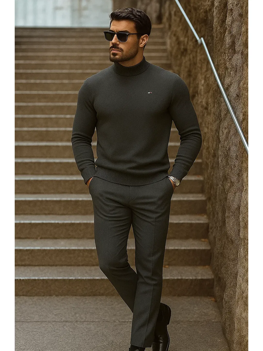 Gri Erkek Yarım Boğazlı Premium Füme Triko Kazak-3