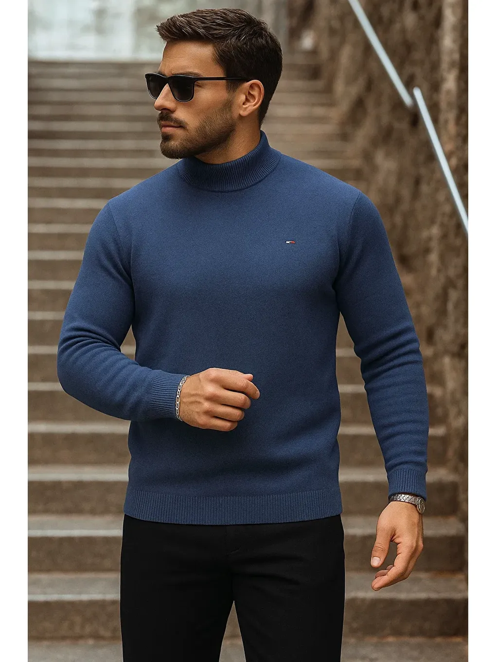Erkek Yarım Boğazlı Premium Lacivert Triko Kazak-1