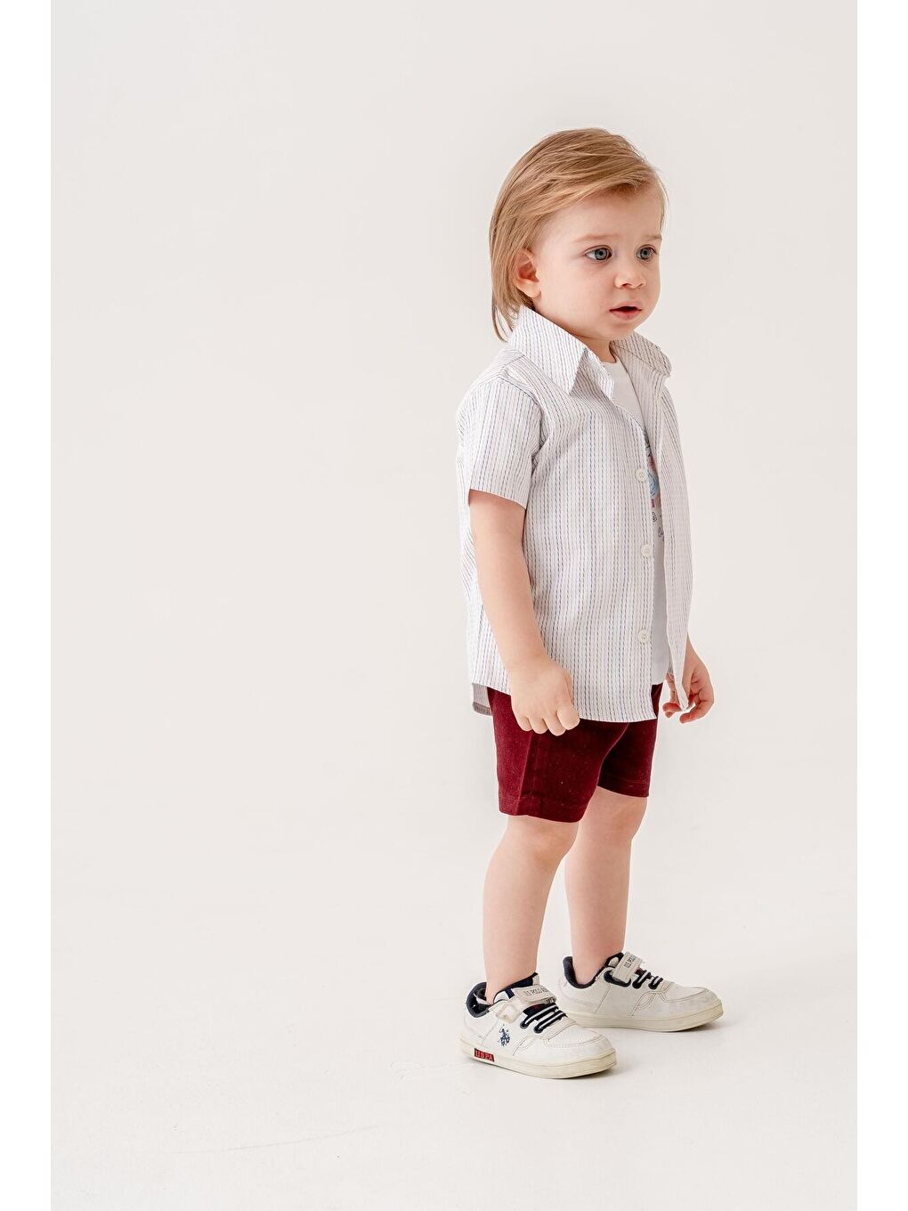 Bordo Tarz Gömlekli Çizgili Belden Ayarlanabilir Kısa Kollu Şortlu 3'lü Takım Bayramlık Düğünlük-1