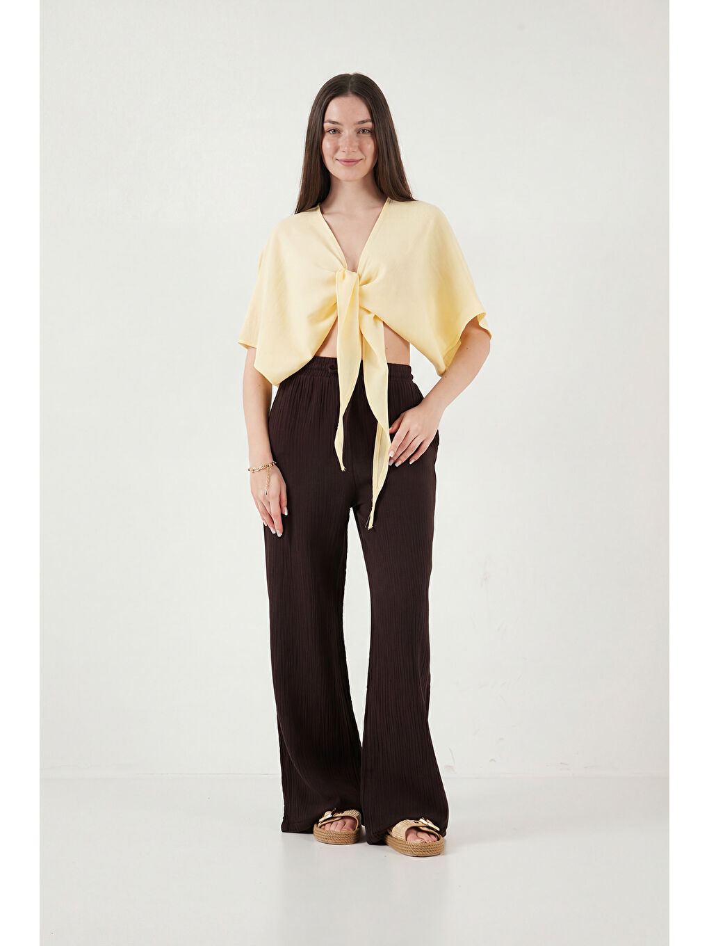 Sarı Pamuklu Comfort Fit Bağlamalı Yarasa Kol Kadın Bolero 5866354-4