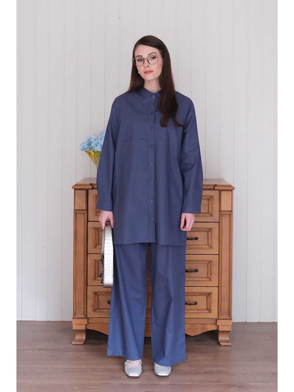 Lacivert Çapraz Cep Detay Gömlek-2