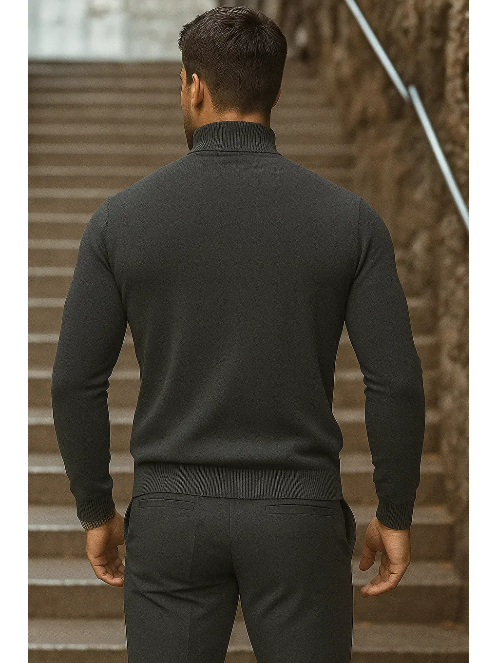 Gri Erkek Yarım Boğazlı Premium Füme Triko Kazak-5