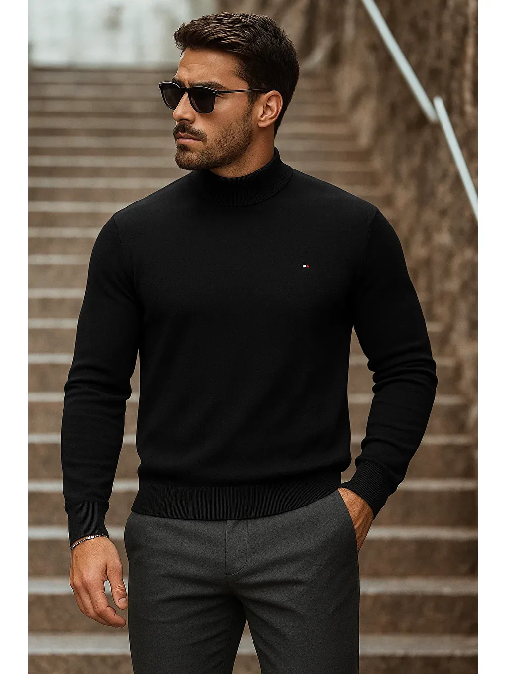 Erkek Yarım Boğazlı Premium Siyah Triko Kazak