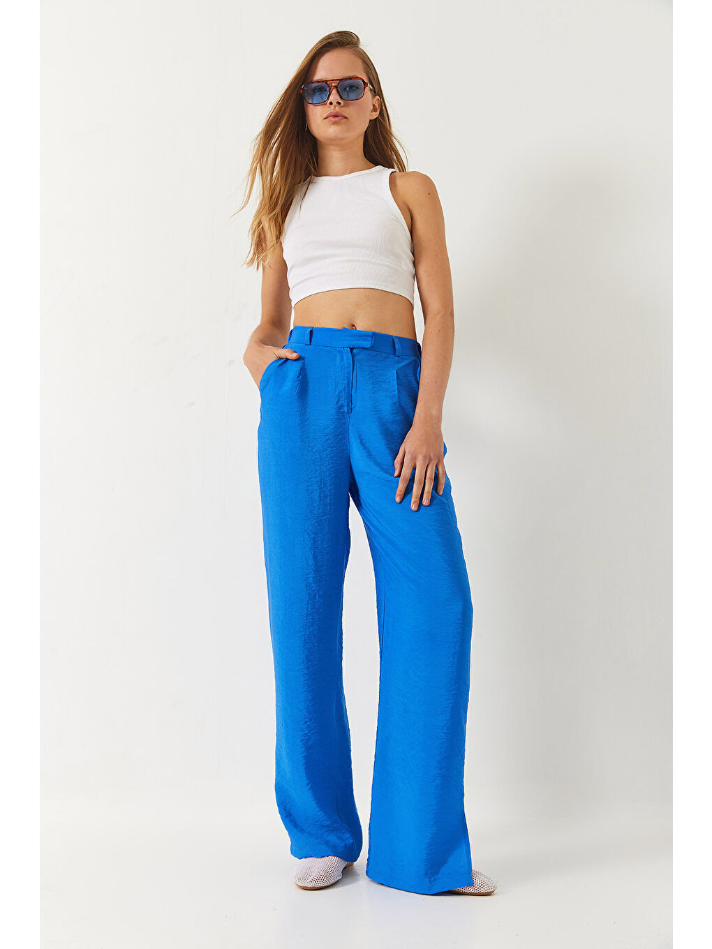 Mavi Kadın Yırtmaç Detay Geniş Paça Cepli Palazzo Pantolon-1