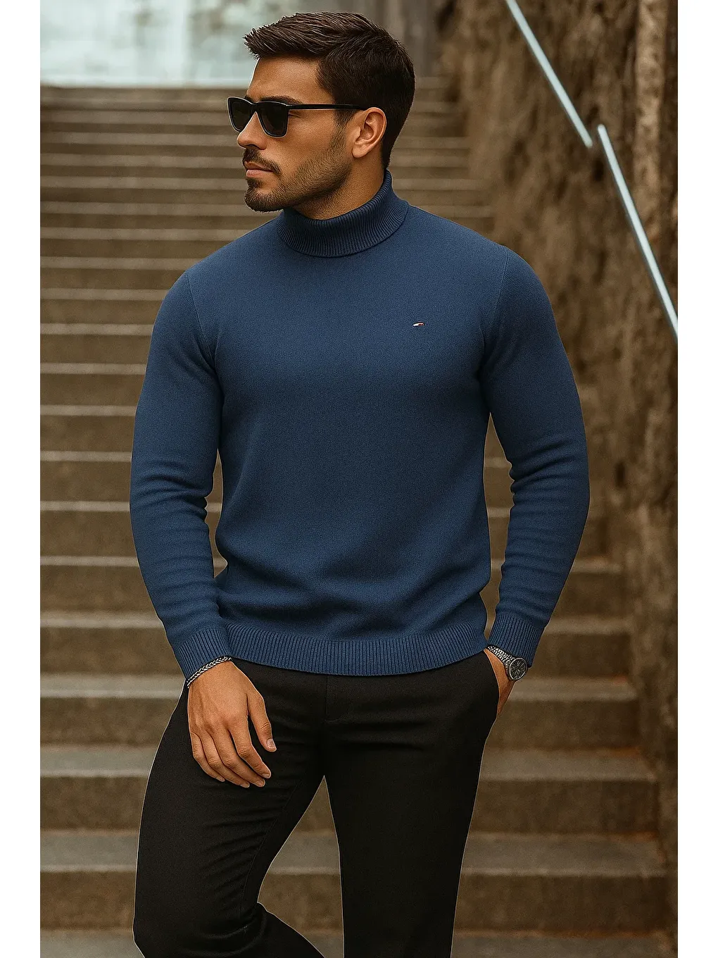 Erkek Yarım Boğazlı Premium Lacivert Triko Kazak-3