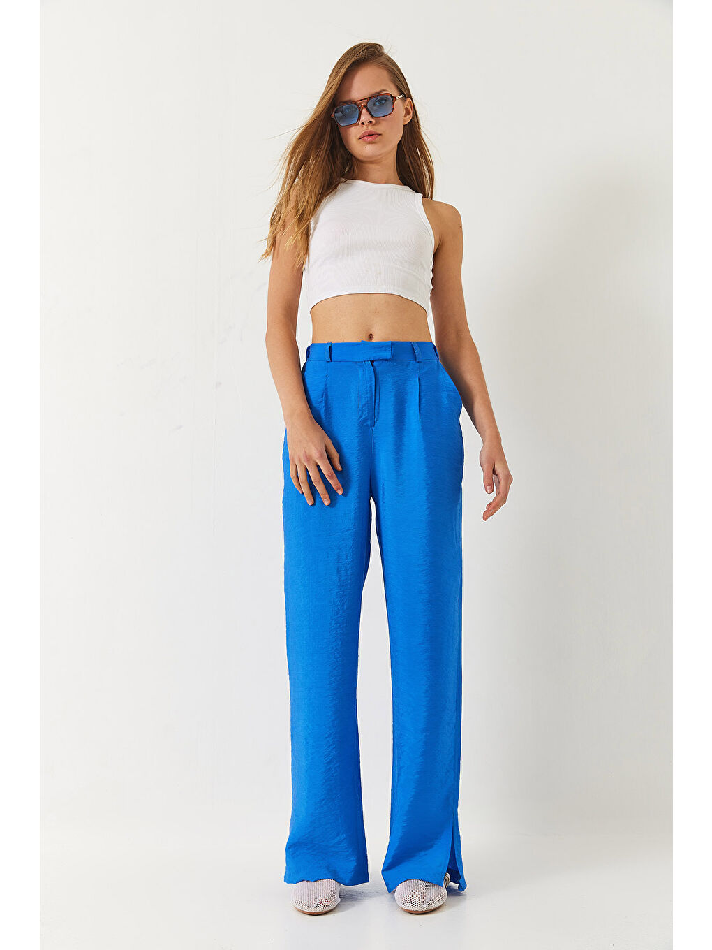 Mavi Kadın Yırtmaç Detay Geniş Paça Cepli Palazzo Pantolon-3