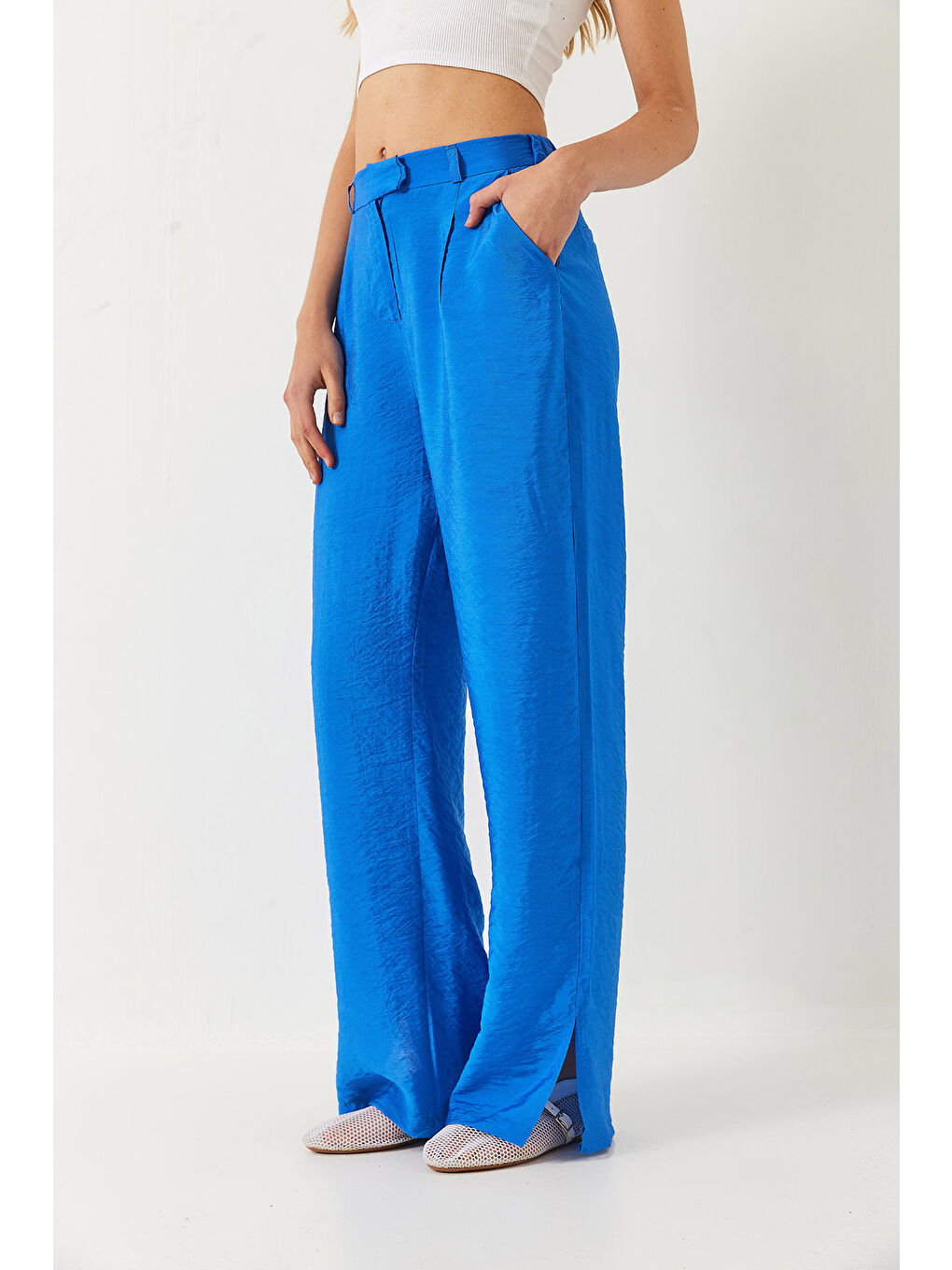 Mavi Kadın Yırtmaç Detay Geniş Paça Cepli Palazzo Pantolon-4