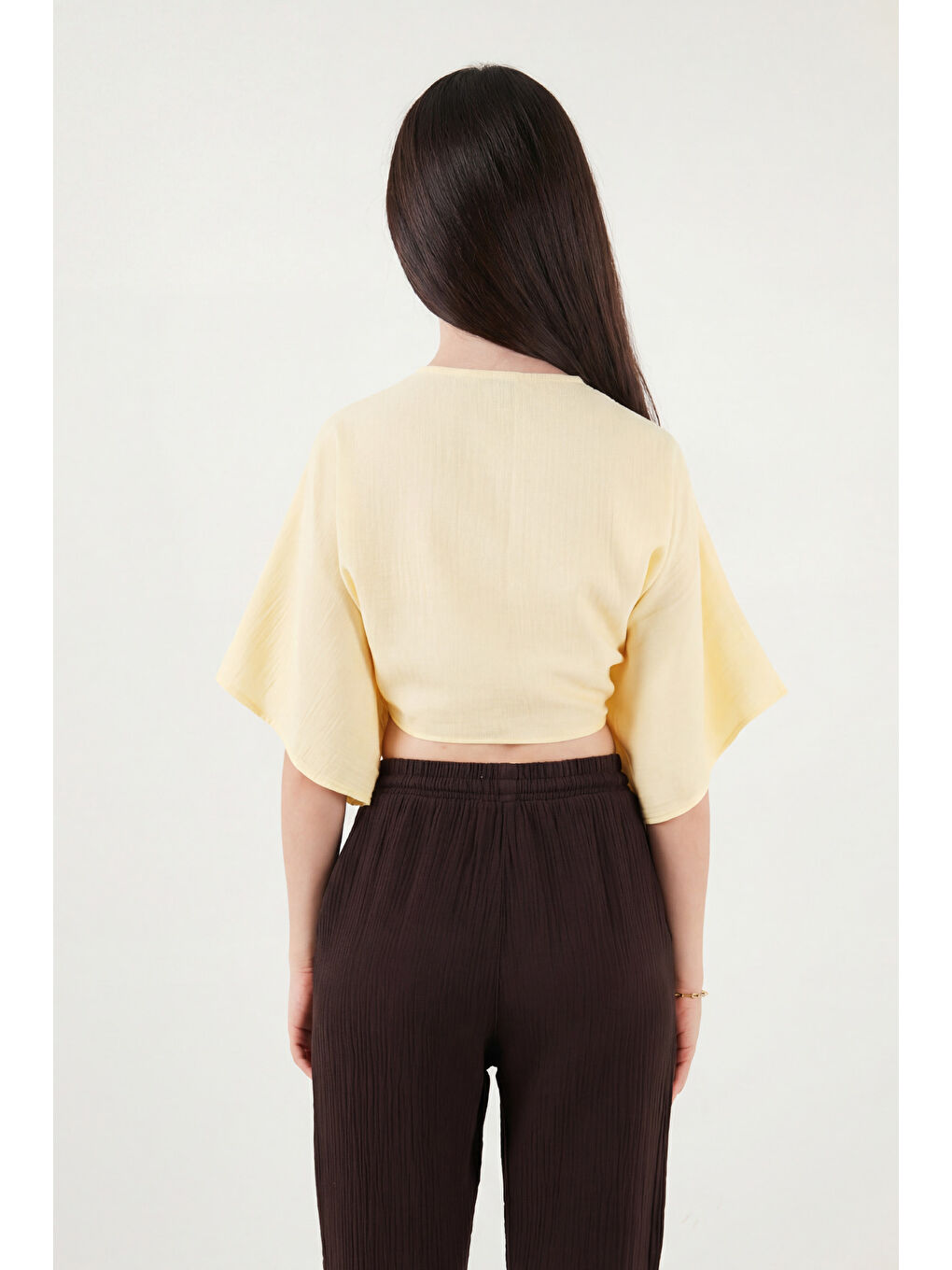 Sarı Pamuklu Comfort Fit Bağlamalı Yarasa Kol Kadın Bolero 5866354-6