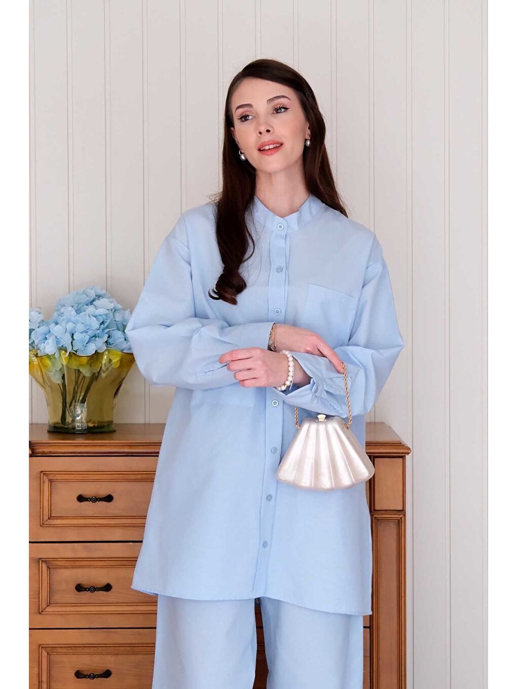 Bebe Mavisi Çapraz Cep Detay Gömlek