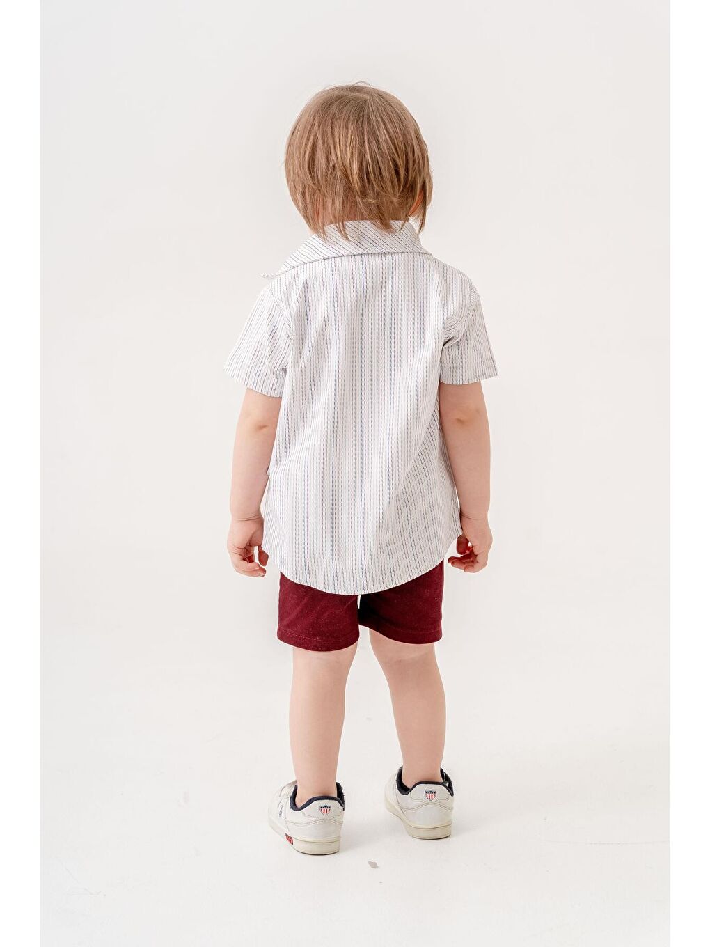 Bordo Tarz Gömlekli Çizgili Belden Ayarlanabilir Kısa Kollu Şortlu 3'lü Takım Bayramlık Düğünlük-2