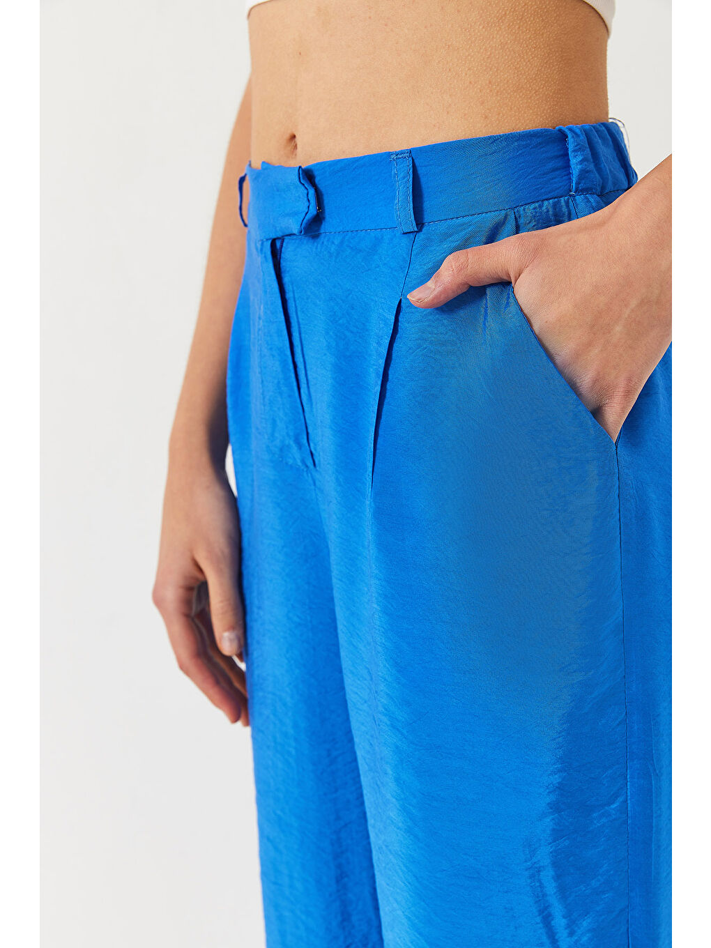 Mavi Kadın Yırtmaç Detay Geniş Paça Cepli Palazzo Pantolon-5