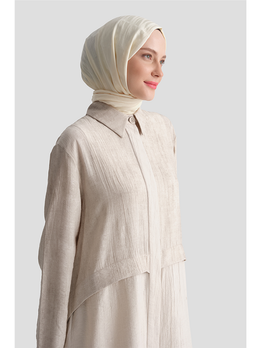 Bej Efektli Kumaş Mixli Tunik Vizon-2