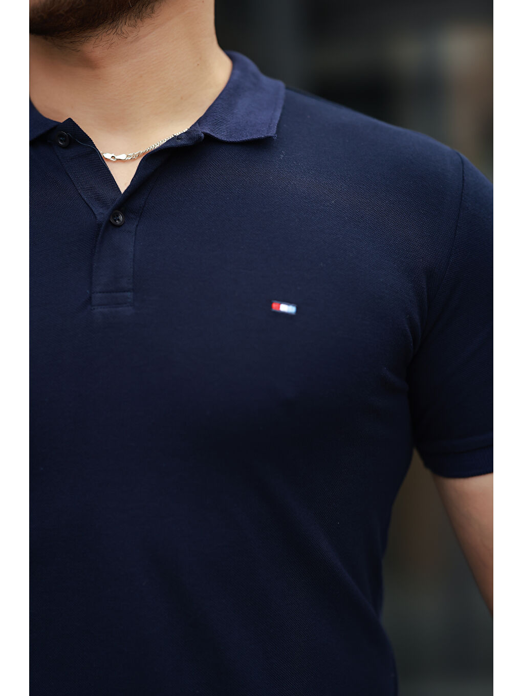 Lacivert Erkek Kıvrılmaz Polo Yaka Cepsiz Slim Fit Dar Kesim T-Shirt-1