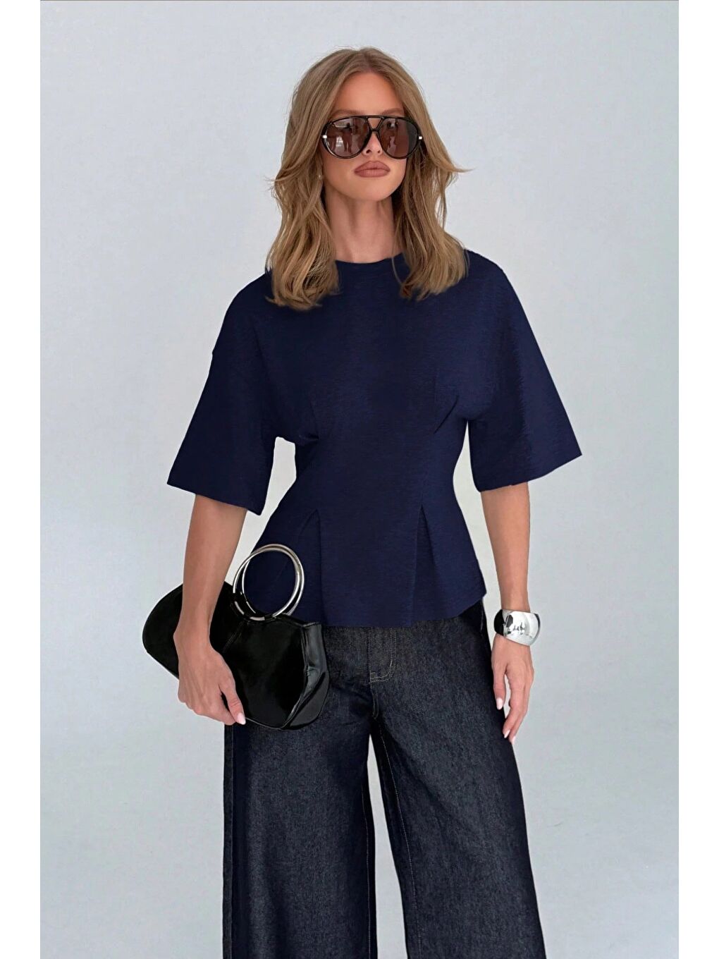 Lacivert Kadın Oversize Basic Tişört Pile Detaylı Rahat Kesim Günlük Kombin