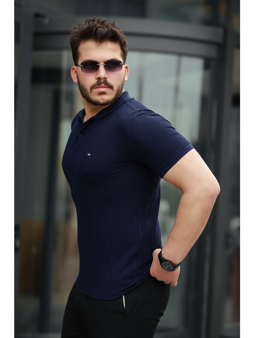 Lacivert Erkek Kıvrılmaz Polo Yaka Cepsiz Slim Fit Dar Kesim T-Shirt-2