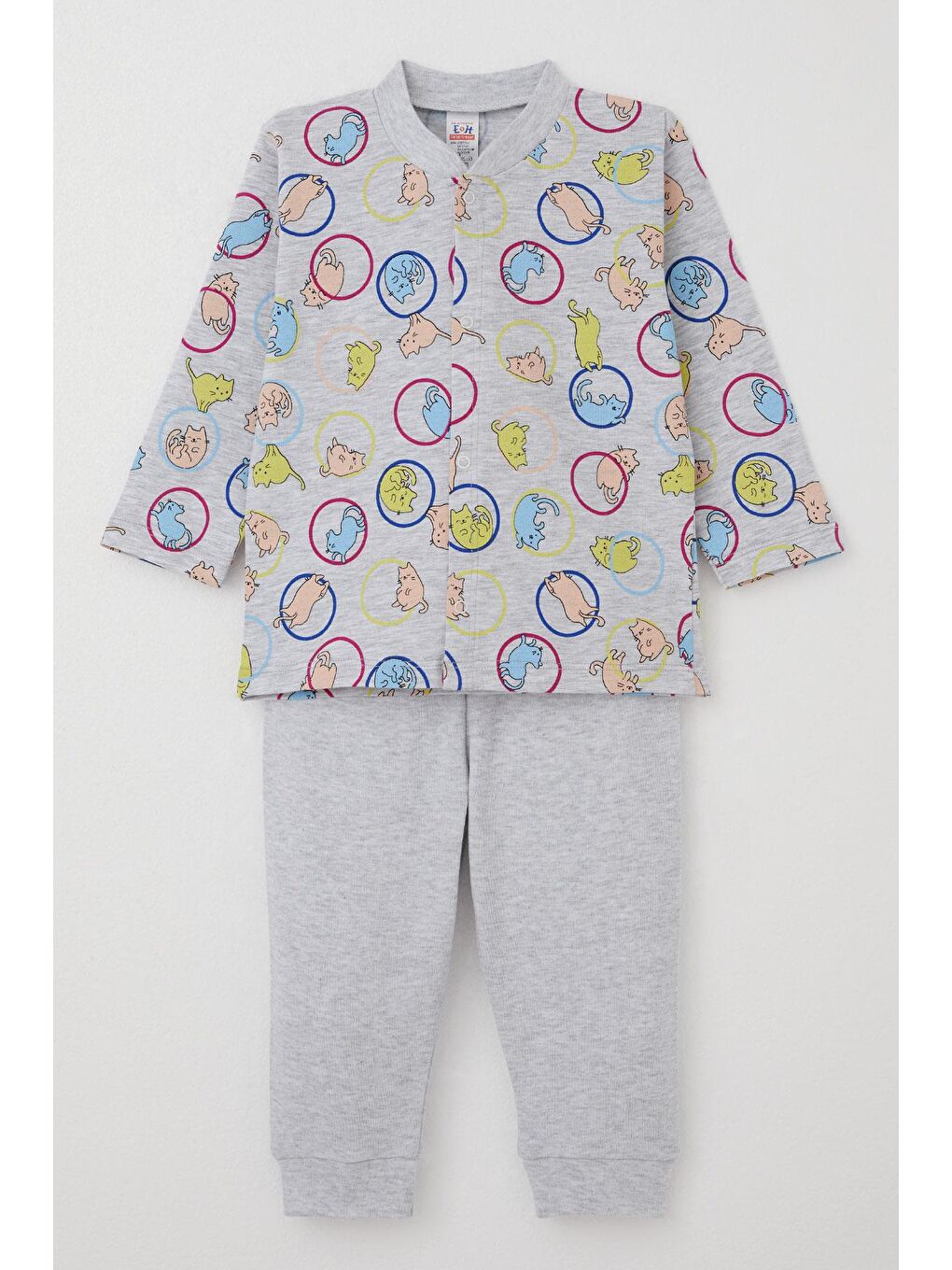 Erkek Bebek Pijama Takımı Hareketli Kedicik Desenli Gri Melanj (4 Ay-1 Yaş)