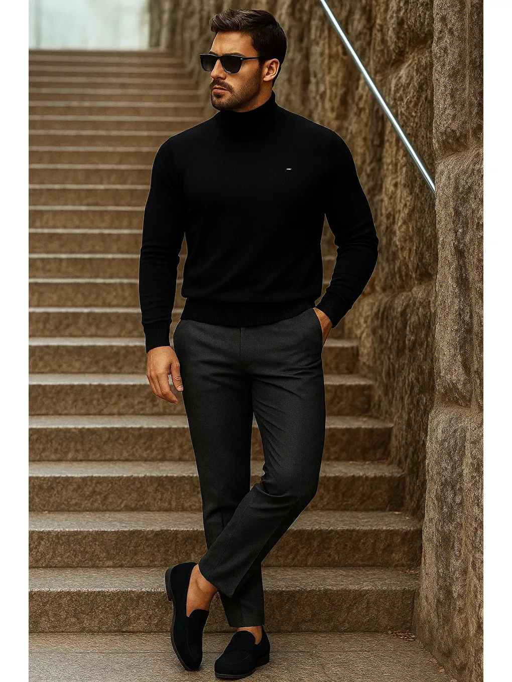 Erkek Yarım Boğazlı Premium Siyah Triko Kazak-2