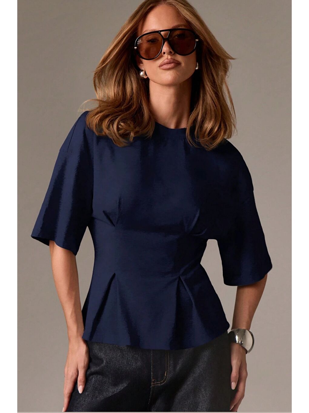 Lacivert Kadın Oversize Basic Tişört Pile Detaylı Rahat Kesim Günlük Kombin-1