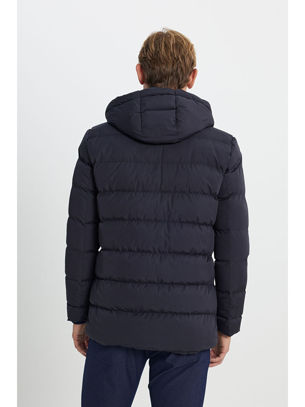 Erkek Lacivert Standart Fit Normal Kesim Çıkma Kapüşon Yaka Yan Cepli Mont-5