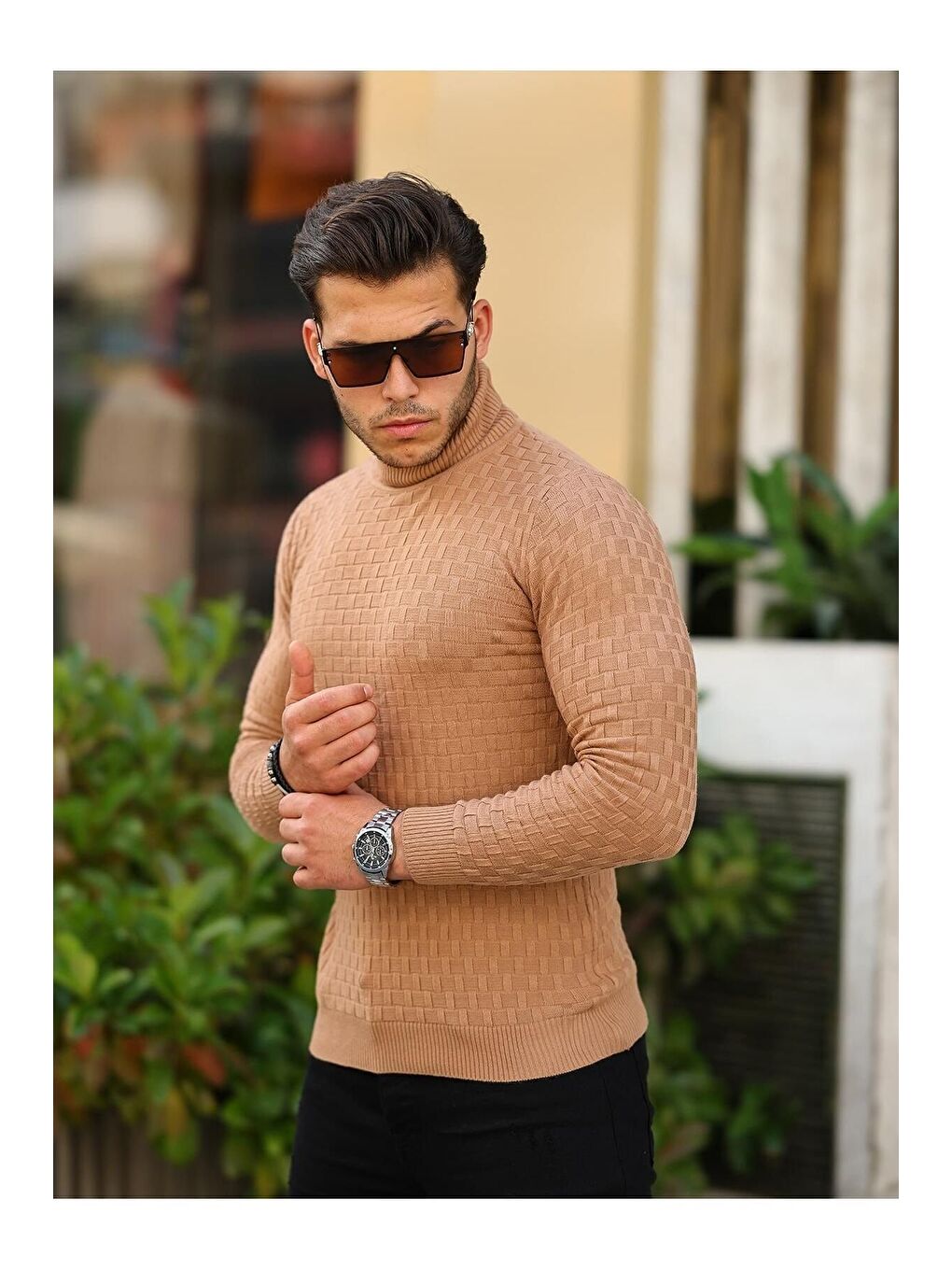 Bej Erkek Desenli Günlük Balıkçı Yaka Vizon Triko Kazak