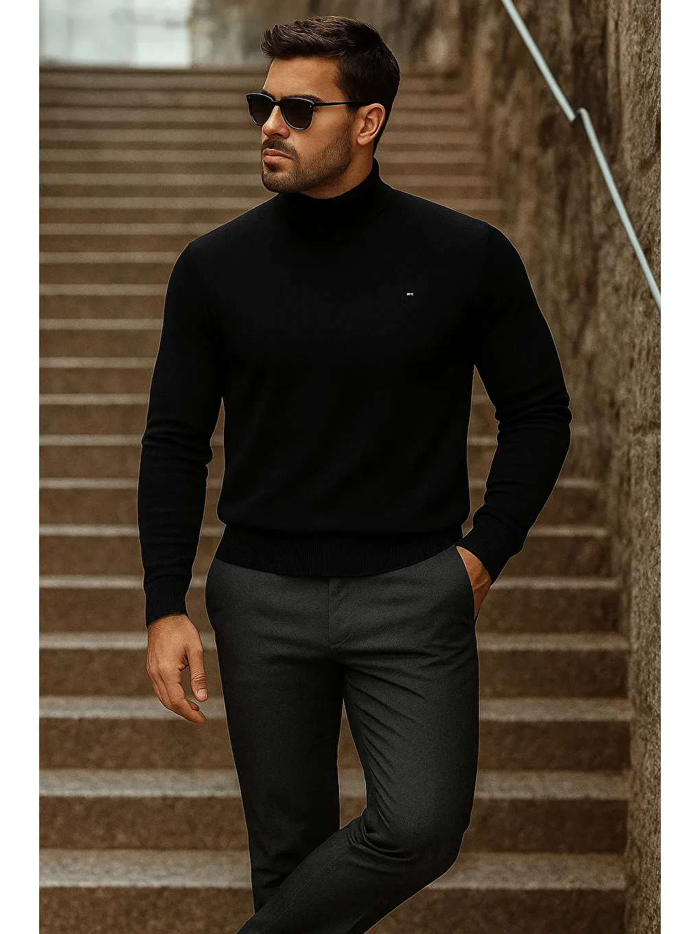 Erkek Yarım Boğazlı Premium Siyah Triko Kazak-3