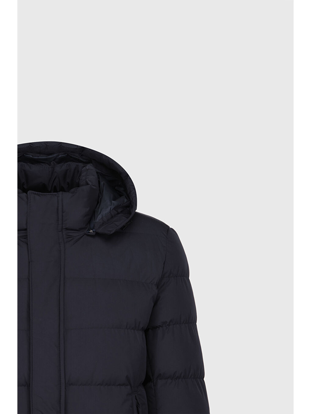 Erkek Lacivert Standart Fit Normal Kesim Çıkma Kapüşon Yaka Yan Cepli Mont-7