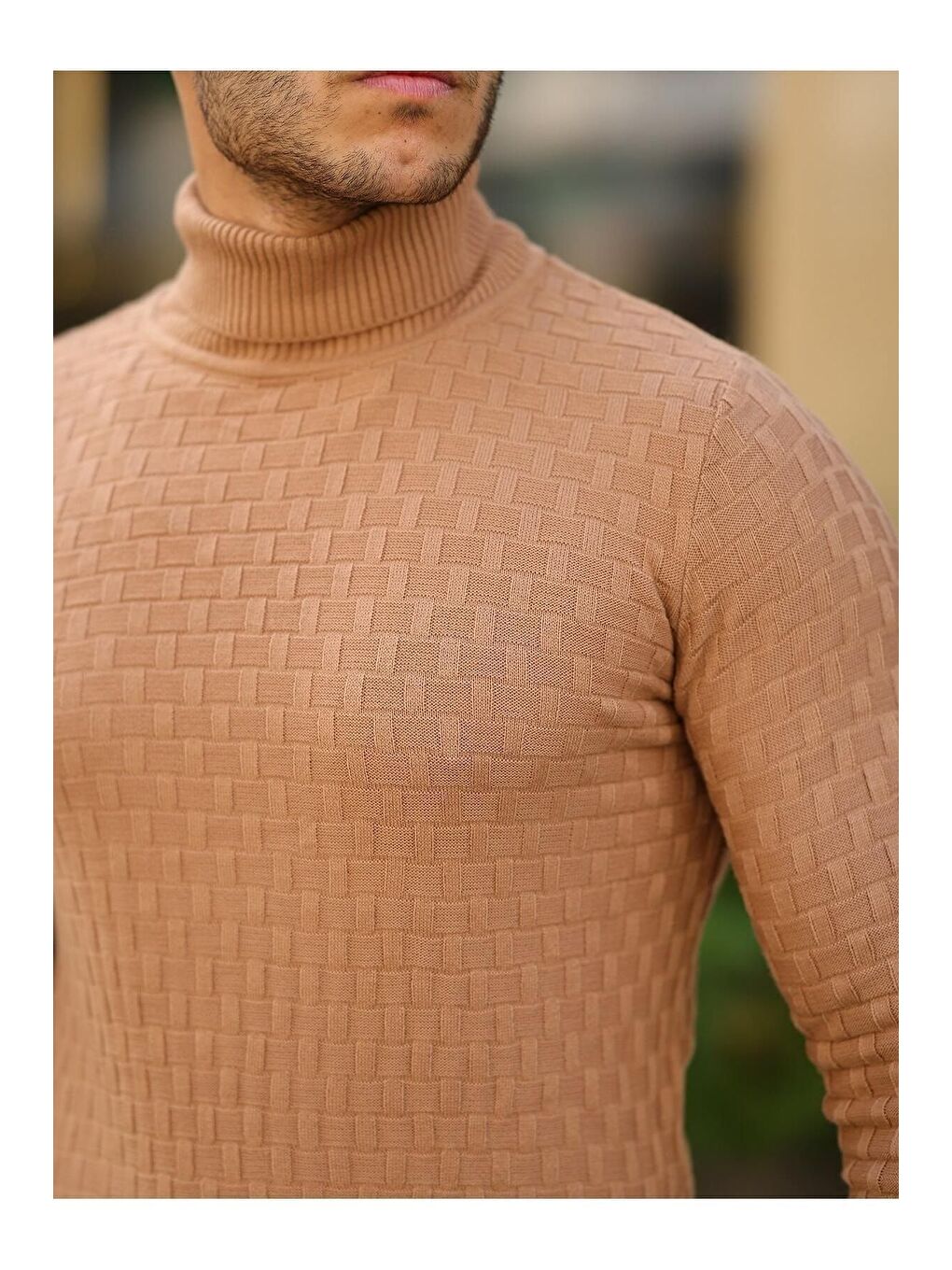 Bej Erkek Desenli Günlük Balıkçı Yaka Vizon Triko Kazak-1