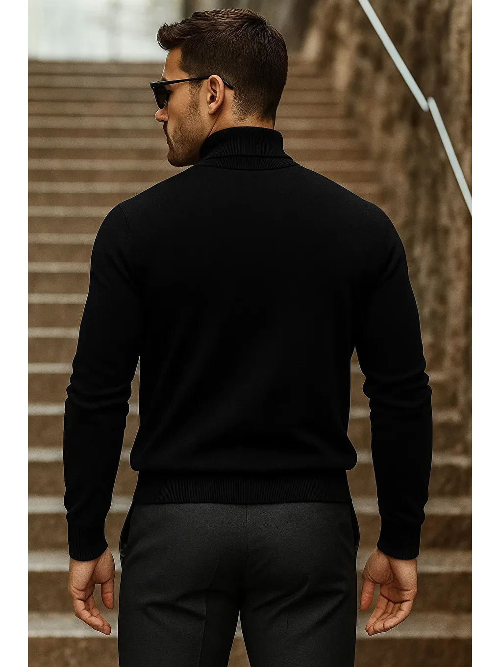 Erkek Yarım Boğazlı Premium Siyah Triko Kazak-4