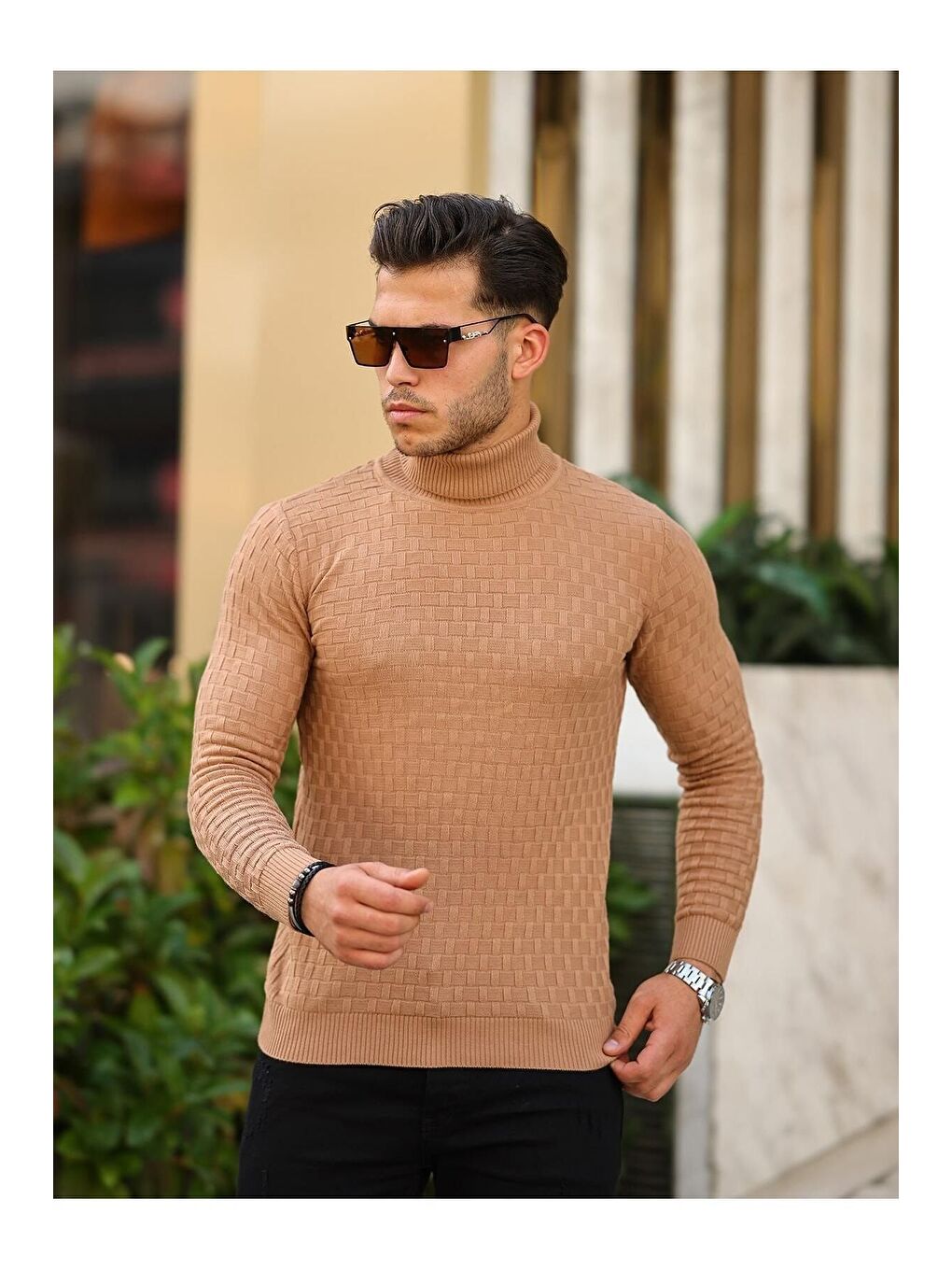 Bej Erkek Desenli Günlük Balıkçı Yaka Vizon Triko Kazak-2