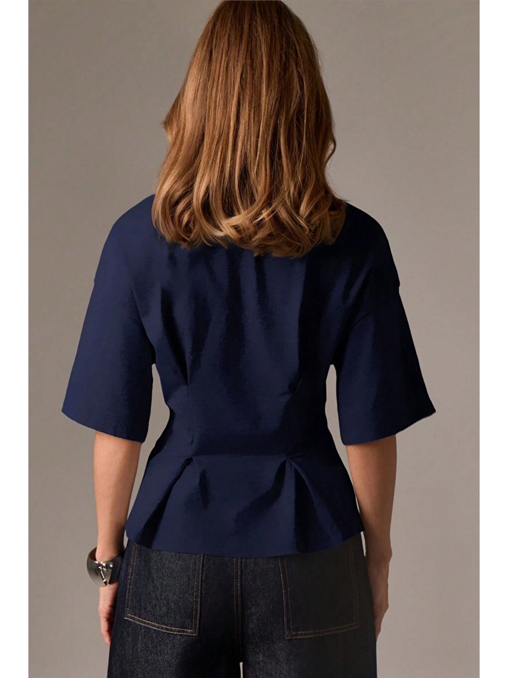 Lacivert Kadın Oversize Basic Tişört Pile Detaylı Rahat Kesim Günlük Kombin-3