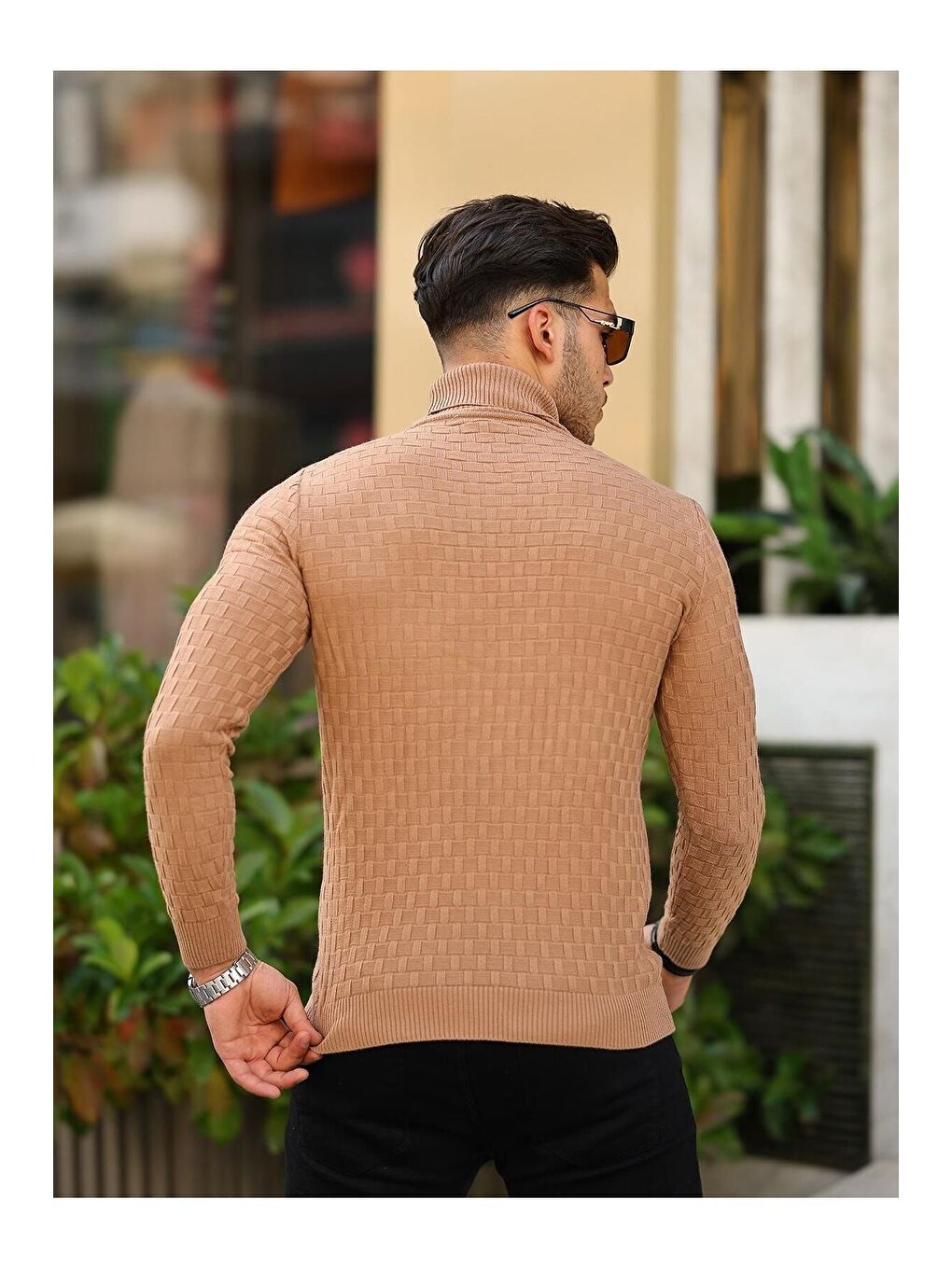 Bej Erkek Desenli Günlük Balıkçı Yaka Vizon Triko Kazak-3