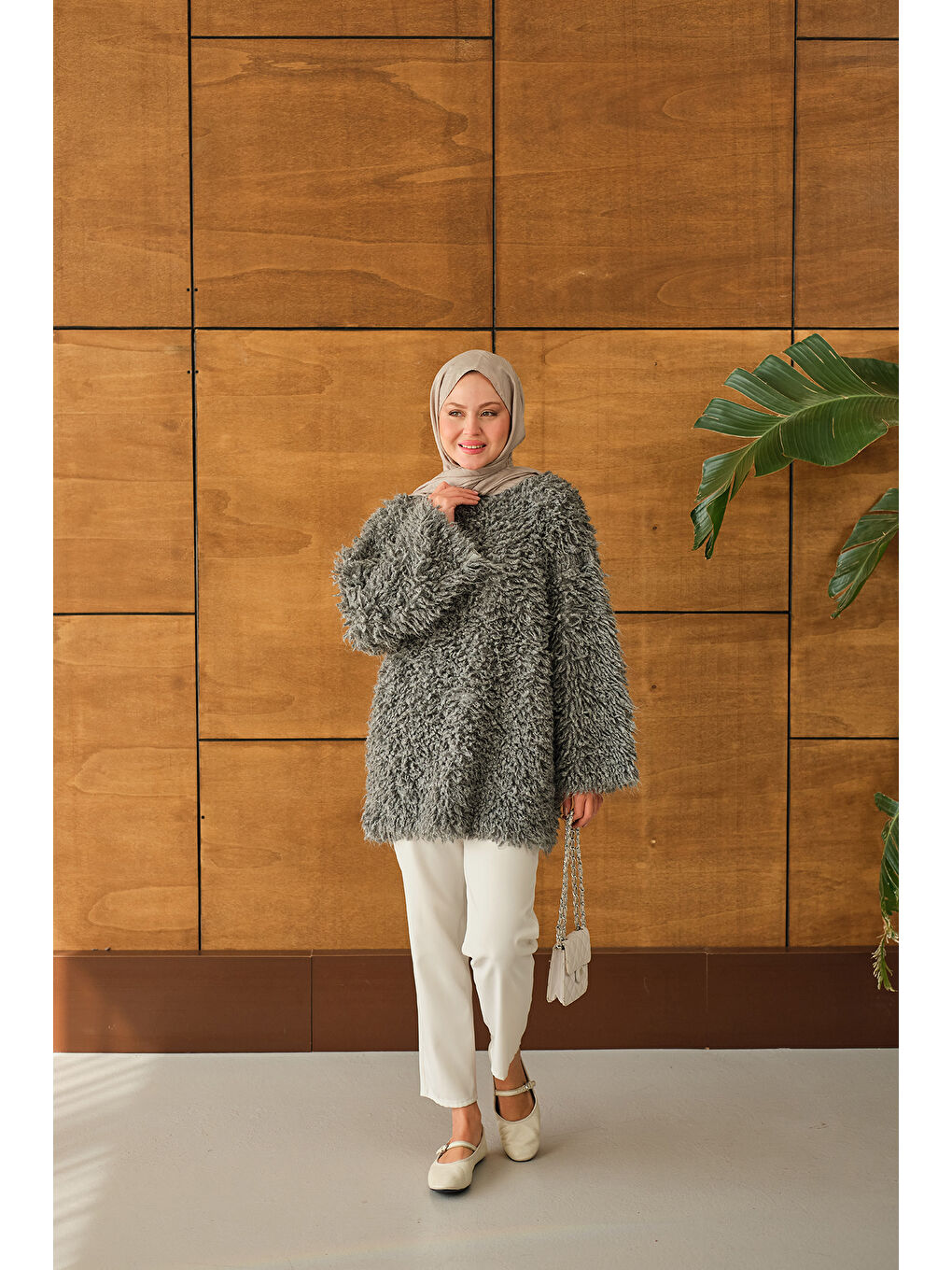 Kadın Kürk Detay Kazak Gri-2