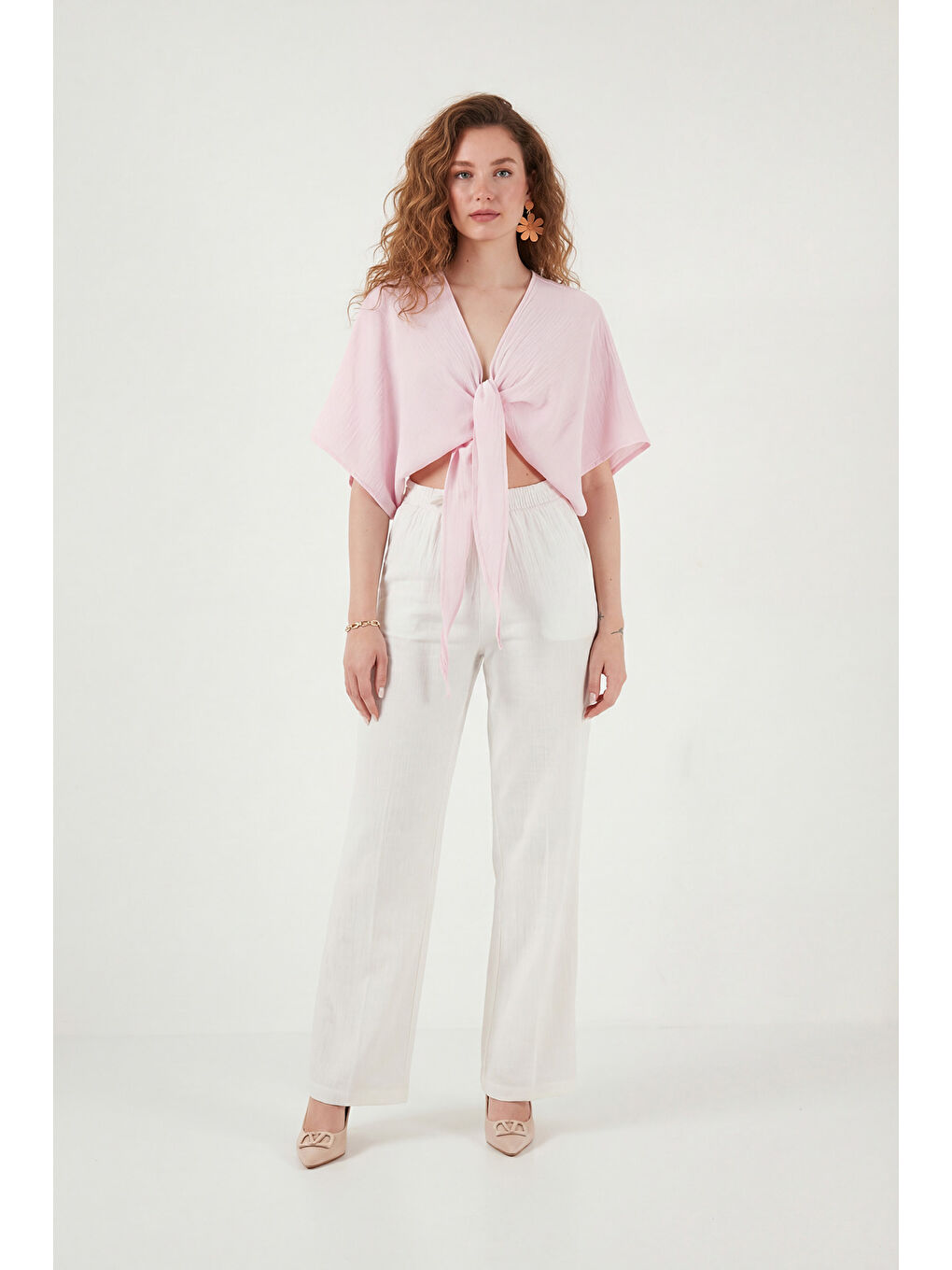 Pembe Pamuklu Comfort Fit Bağlamalı Yarasa Kol Kadın Bolero 5866354-3