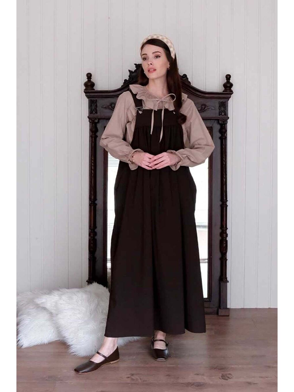 Kahverengi Acı Kahve Poliviskon Askılı Jile Karamel Yakası Fiyonklu Gömlek Takım-1