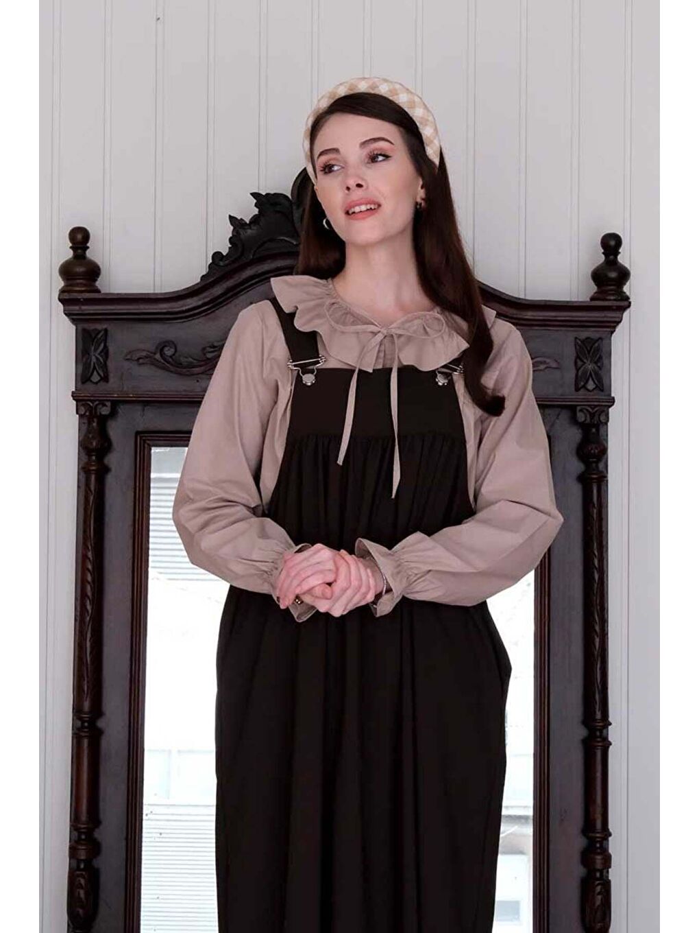 Kahverengi Acı Kahve Poliviskon Askılı Jile Karamel Yakası Fiyonklu Gömlek Takım-3