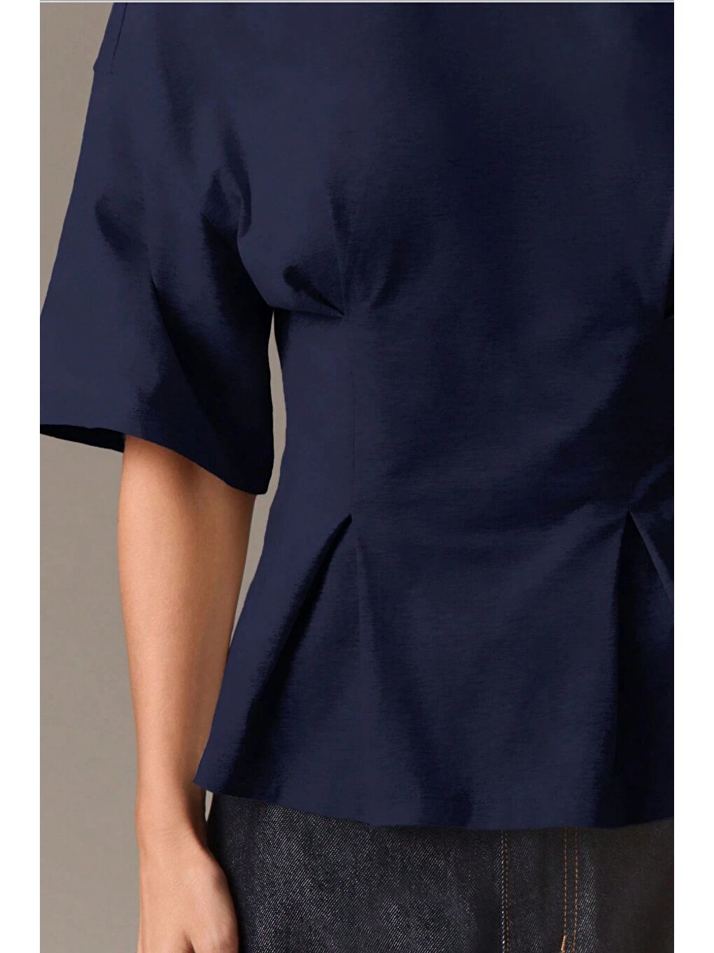 Lacivert Kadın Oversize Basic Tişört Pile Detaylı Rahat Kesim Günlük Kombin-4