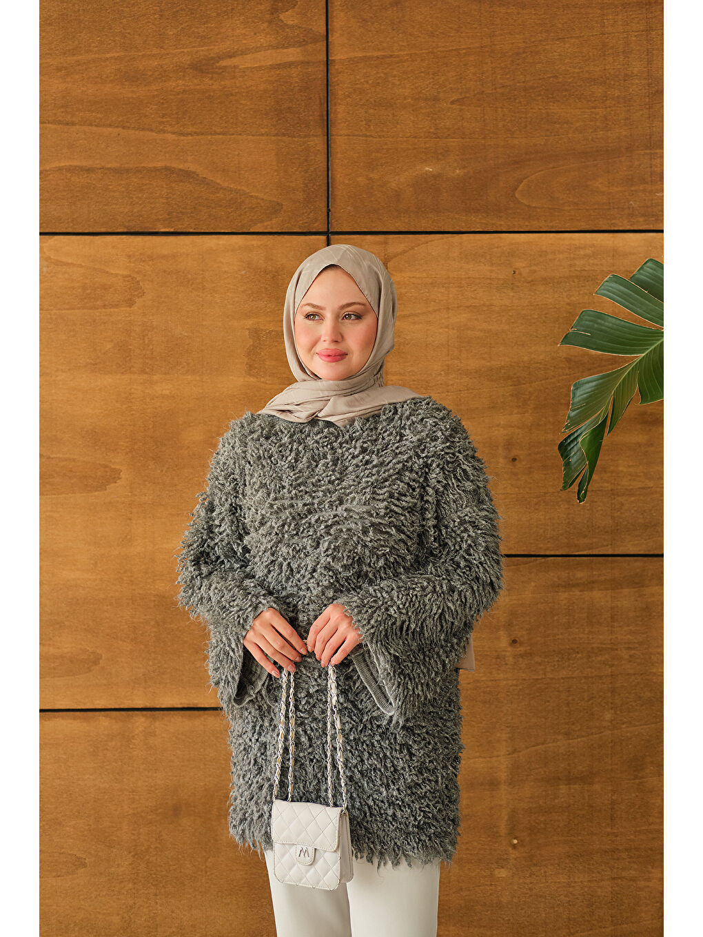 Kadın Kürk Detay Kazak Gri-3