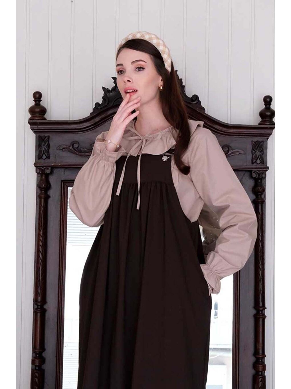 Kahverengi Acı Kahve Poliviskon Askılı Jile Karamel Yakası Fiyonklu Gömlek Takım-5