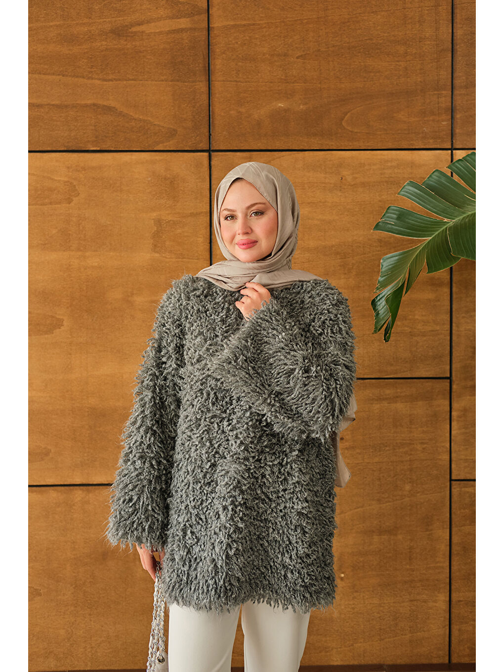 Kadın Kürk Detay Kazak Gri-4