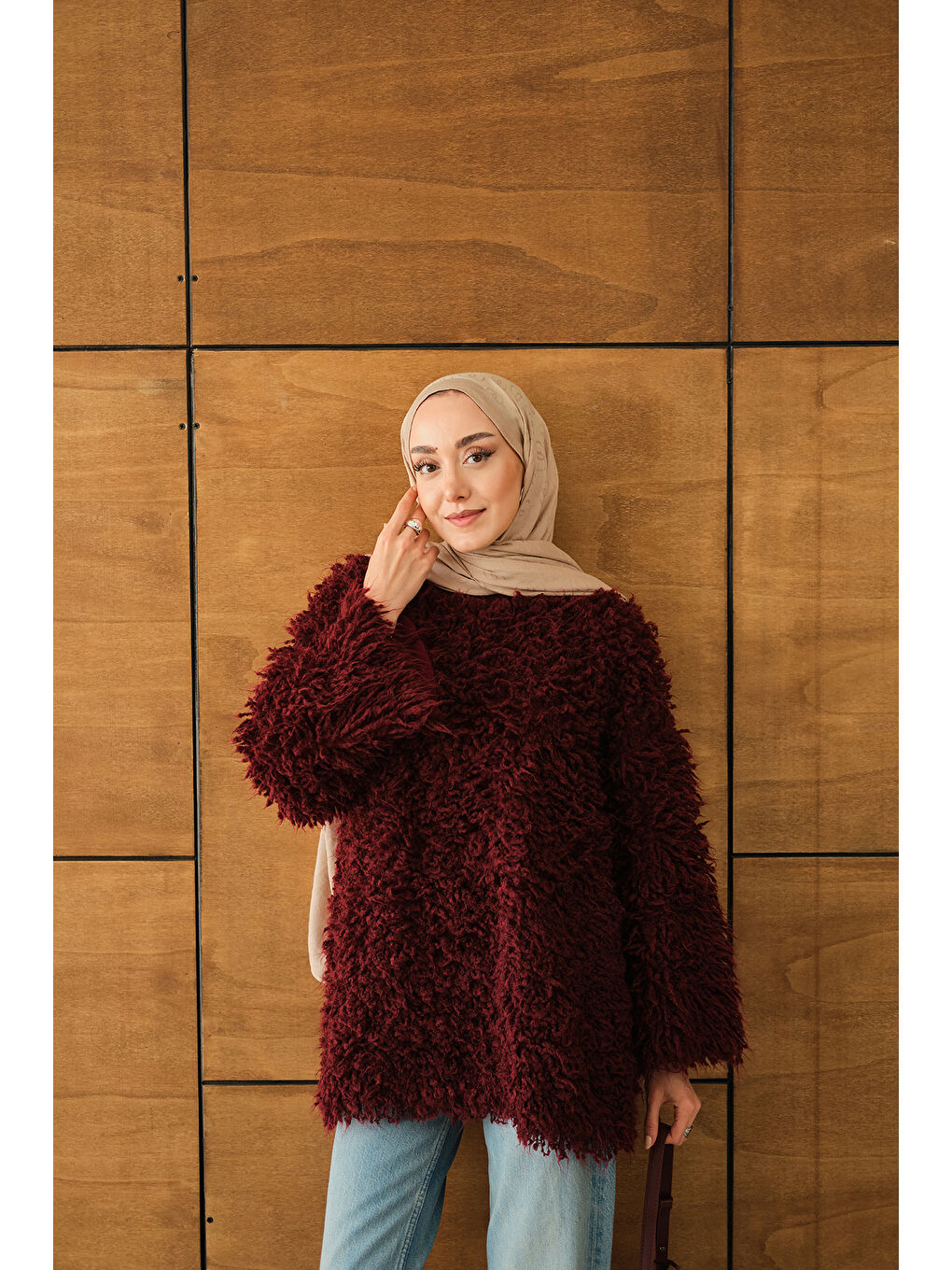 Kadın Kürk Detay Kazak Bordo-1