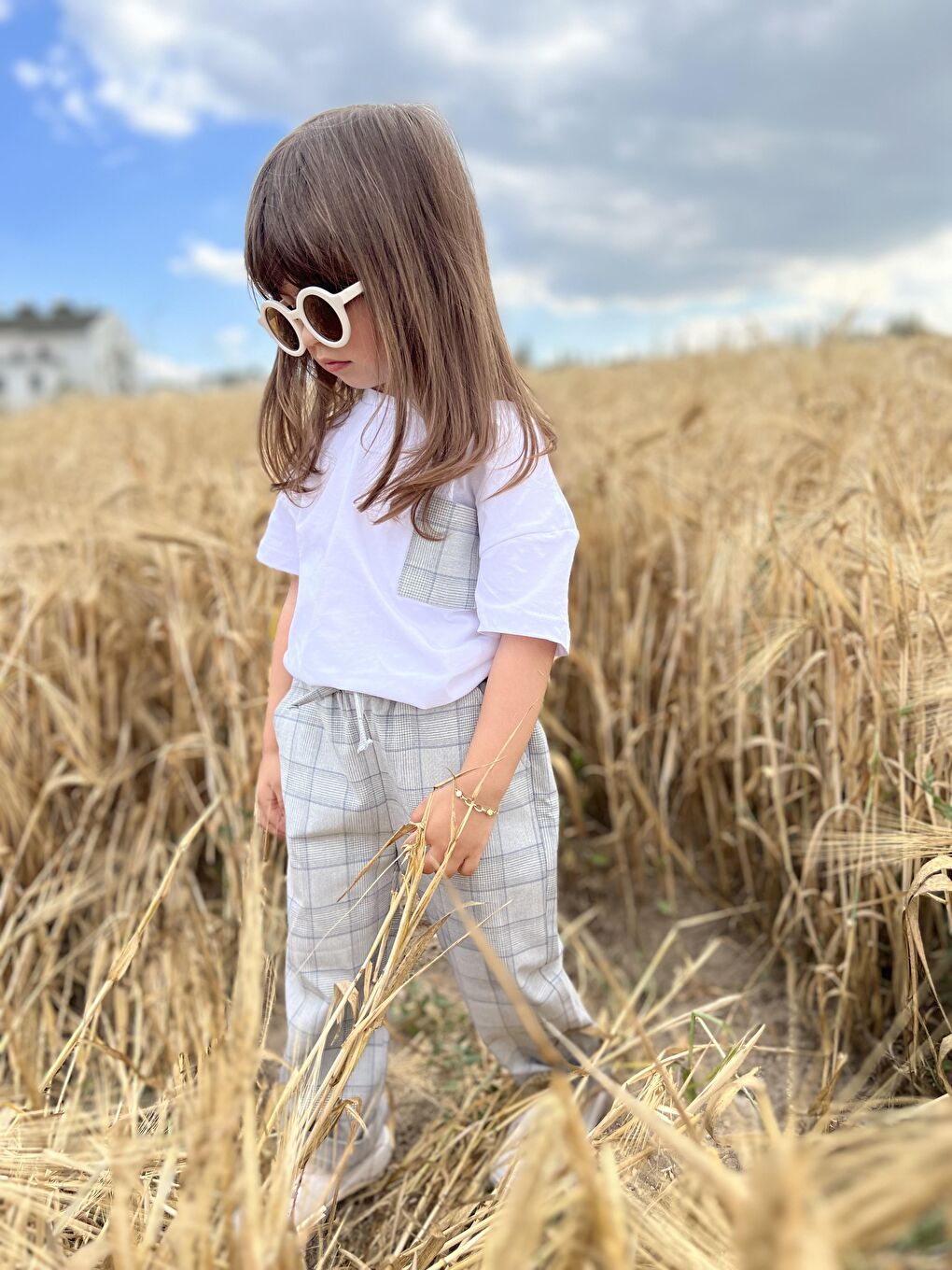 Beyaz Ekose Detaylı Tişört-8