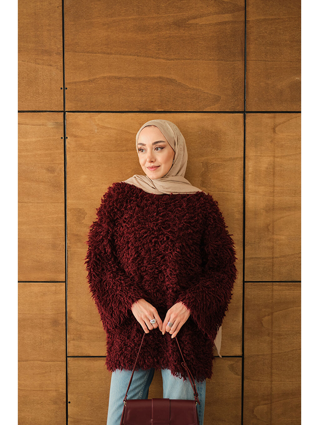 Kadın Kürk Detay Kazak Bordo-2