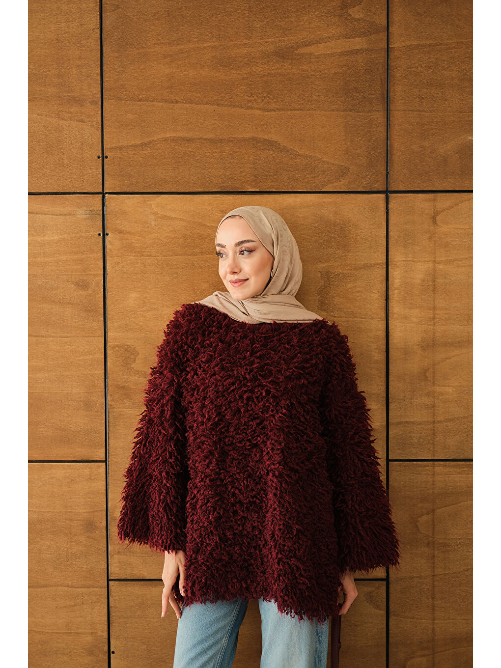 Kadın Kürk Detay Kazak Bordo-3