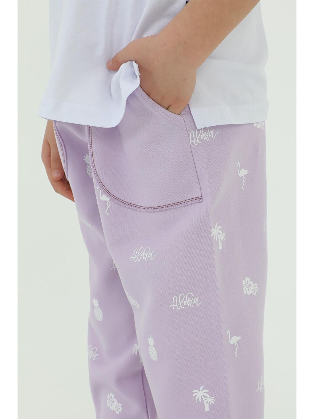 Lila Bisiklet Yaka Kız Çocuk Baskı Detaylı T-Shırt Ve Eşofman Takımı-5