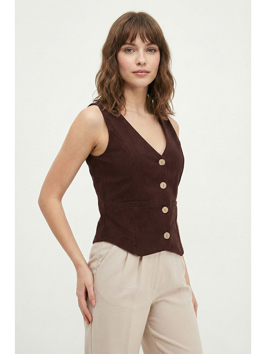 Kahverengi Fittili Regular Fit V Yaka Düğmeli Kadın Yelek 5866559-5